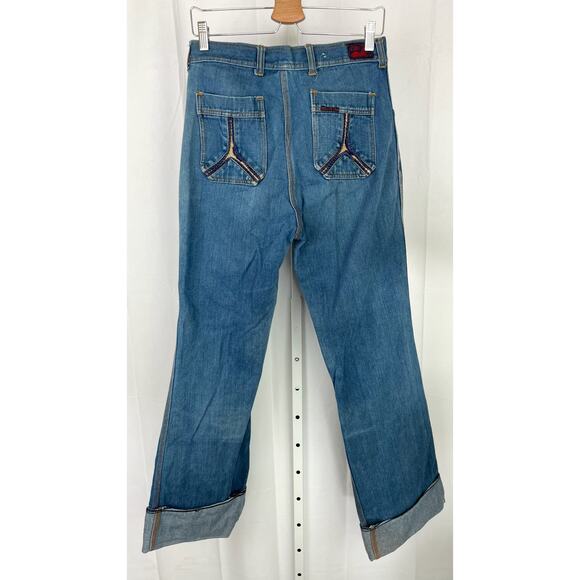 BRANDED LION VTG Hi Rise Flare Jeans Cord Trim Medium Wash Cotton Denim Blue - Picture 2 of 10